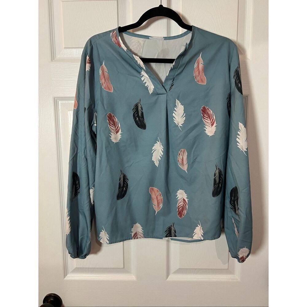 Women’s Blue Feather Print Long Sleeve Blouse Size L